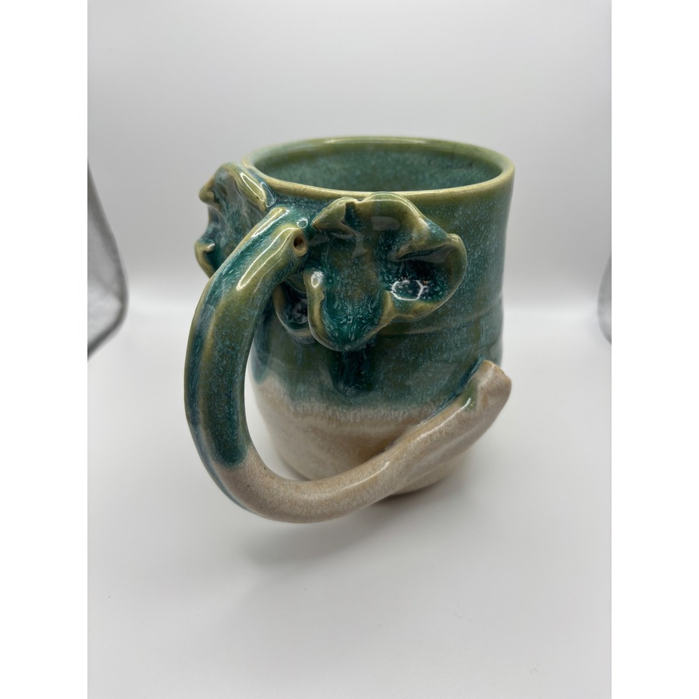 Handmade Ceramic Mug Green Ombre Glaze Unique Elephant Handle
